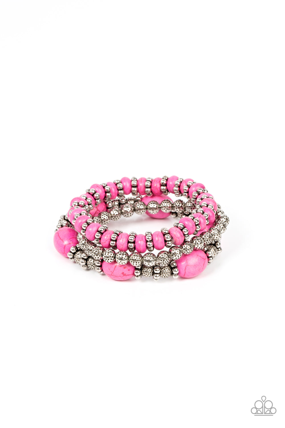 Take by SANDSTORM Pink Bracelet - Paparazzi Accessories  Infused with the vivacious allure of pink stone beads, antiqued silver beads and studded accents are threaded along stretchy bands, creating a stack of artisan-inspired flair.  Sold as one set of three bracelets.
