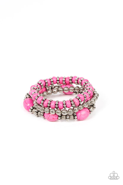 Take by SANDSTORM Pink Bracelet - Paparazzi Accessories  Infused with the vivacious allure of pink stone beads, antiqued silver beads and studded accents are threaded along stretchy bands, creating a stack of artisan-inspired flair.  Sold as one set of three bracelets.