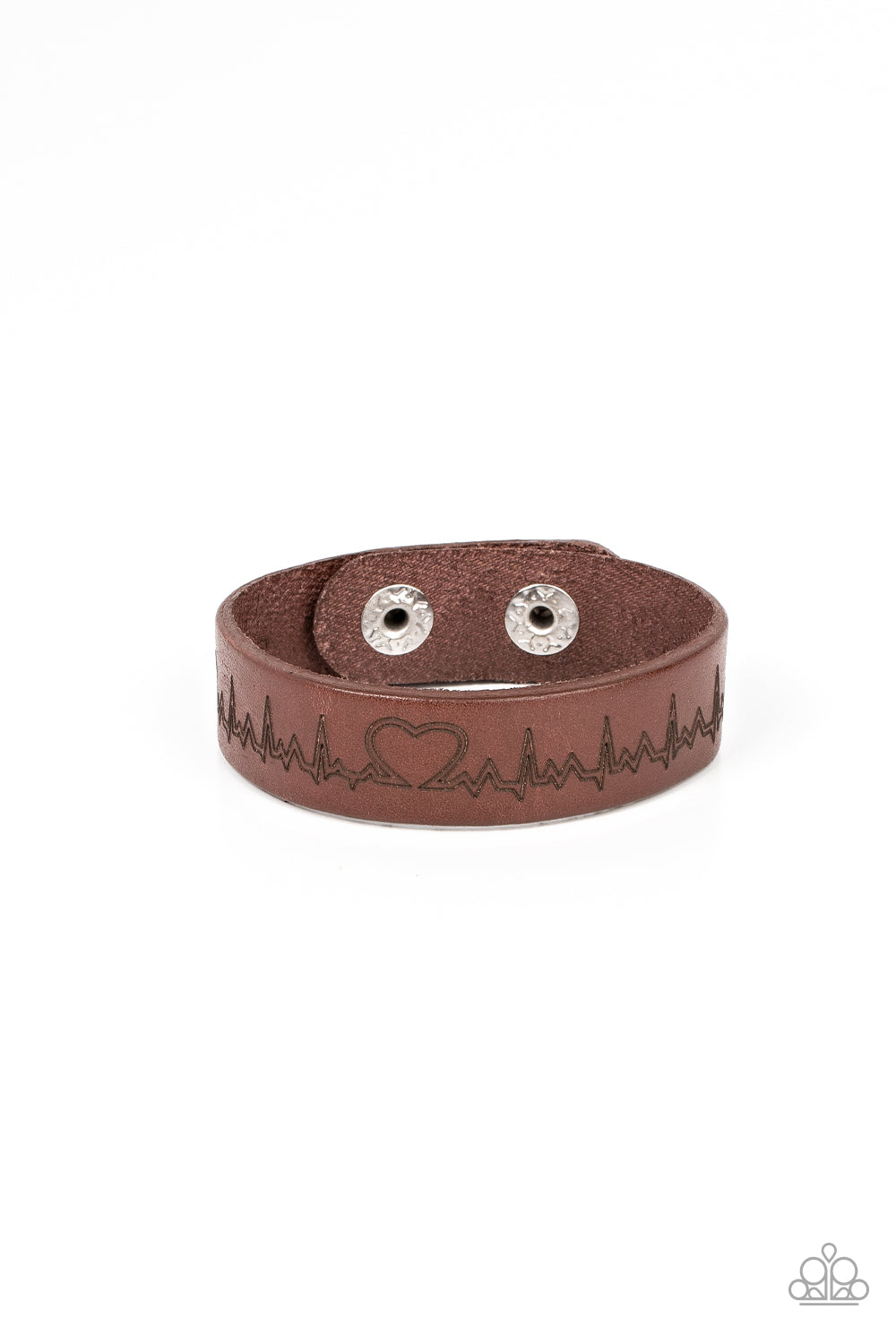 Haute Heartbeat Brown Wrap Bracelet - Paparazzi Accessories  Culminating into a heart at the center, a zigzagging pattern reminiscent of a heartbeat is etched across the front of a brown leather band around the wrist for a whimsical fashion. Features an adjustable snap closure.  Sold as one individual bracelet.