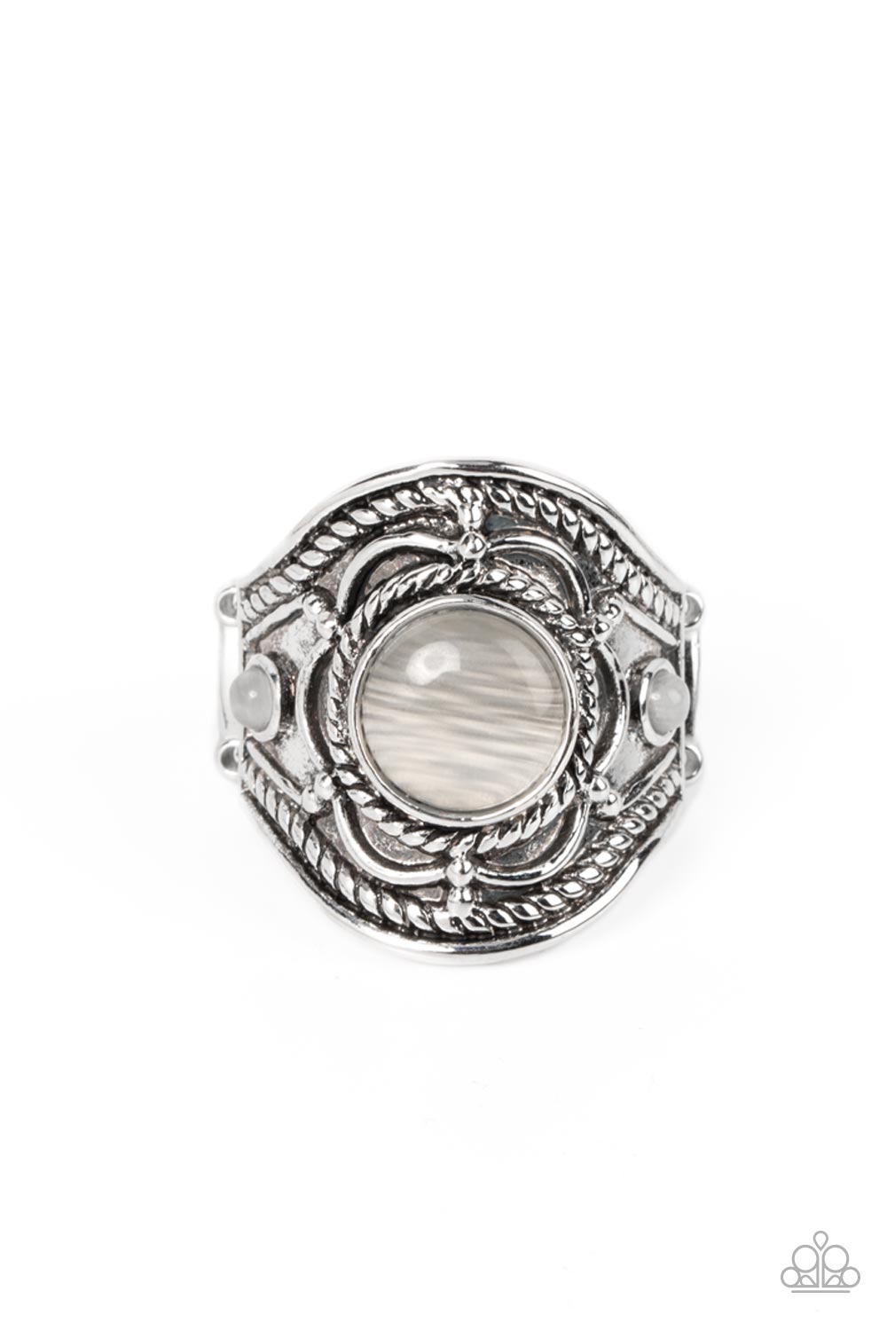 Exuberant Escapade White Ring - Paparazzi Accessories  A textured floral motif blooms around a round white cat's eye center that is flanked by two dainty white cat's eye stones, resulting in a whimsically textured centerpiece atop the finger. Features a stretchy band for a flexible fit.  Sold as one individual ring.