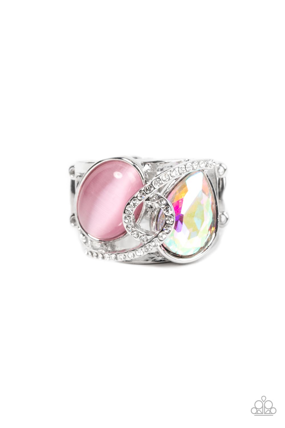 SELFIE-Indulgence Pink Ring - Paparazzi Accessories  A white rhinestone dotted silver ribbon loops and slants over a tilted pink cat's eye stone and iridescent teardrop gem, culminating into a stellar centerpiece. Features a stretchy band for a flexible fit.  Sold as one individual ring.
