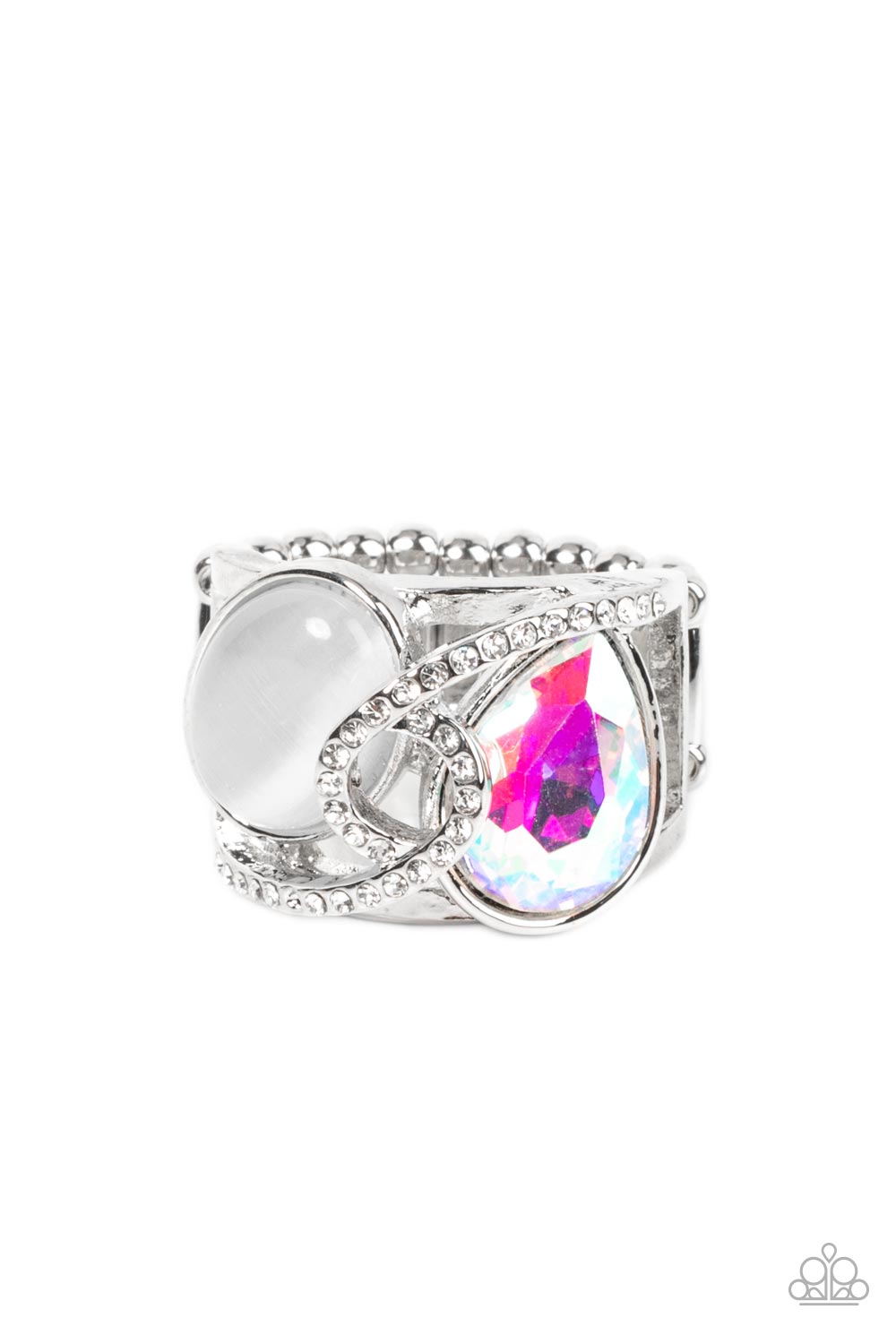SELFIE-Indulgence Multi Ring - Paparazzi Accessories  A white rhinestone dotted silver ribbon loops and slants over a tilted white cat's eye stone and iridescent teardrop gem, culminating into a stellar centerpiece. Features a stretchy band for a flexible fit.  Sold as one individual ring.