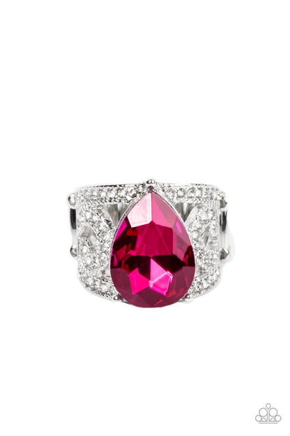 Kinda a Big Deal Pink Ring - Paparazzi Accessories  An oversized pink teardrop gem embellishes the center of a regal filigree filled band dotted in glassy white rhinestones, invoking a royal radiance atop the finger. Features a stretchy band for a flexible fit.  Sold as one individual ring.