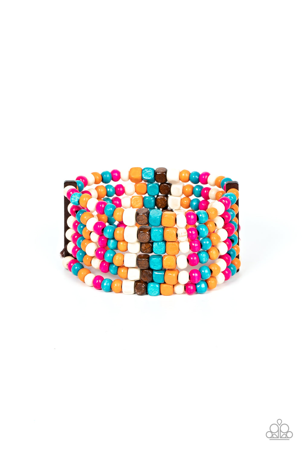 Dive into Maldives Multi Wooden Bracelet - Paparazzi Accessories  Held together with rectangular wooden frames, a colorful collection of orange, blue, brown, white, and Fuchsia Fedora cube and round wooden beads are threaded along stretchy bands around the wrist for a splash of tropical inspiration.  Sold as one individual bracelet.