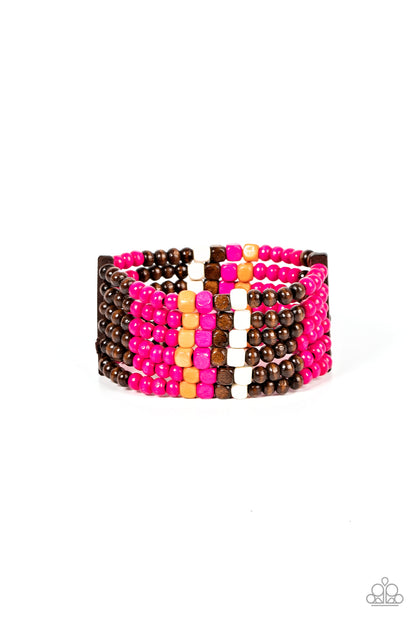 Dive into Maldives Pink Wooden Bracelet - Paparazzi Accessories  Held together with rectangular wooden frames, a colorful collection of orange, brown, white, and Fuchsia Fedora cube and round wooden beads are threaded along stretchy bands around the wrist for a splash of tropical inspiration.  Sold as one individual bracelet.