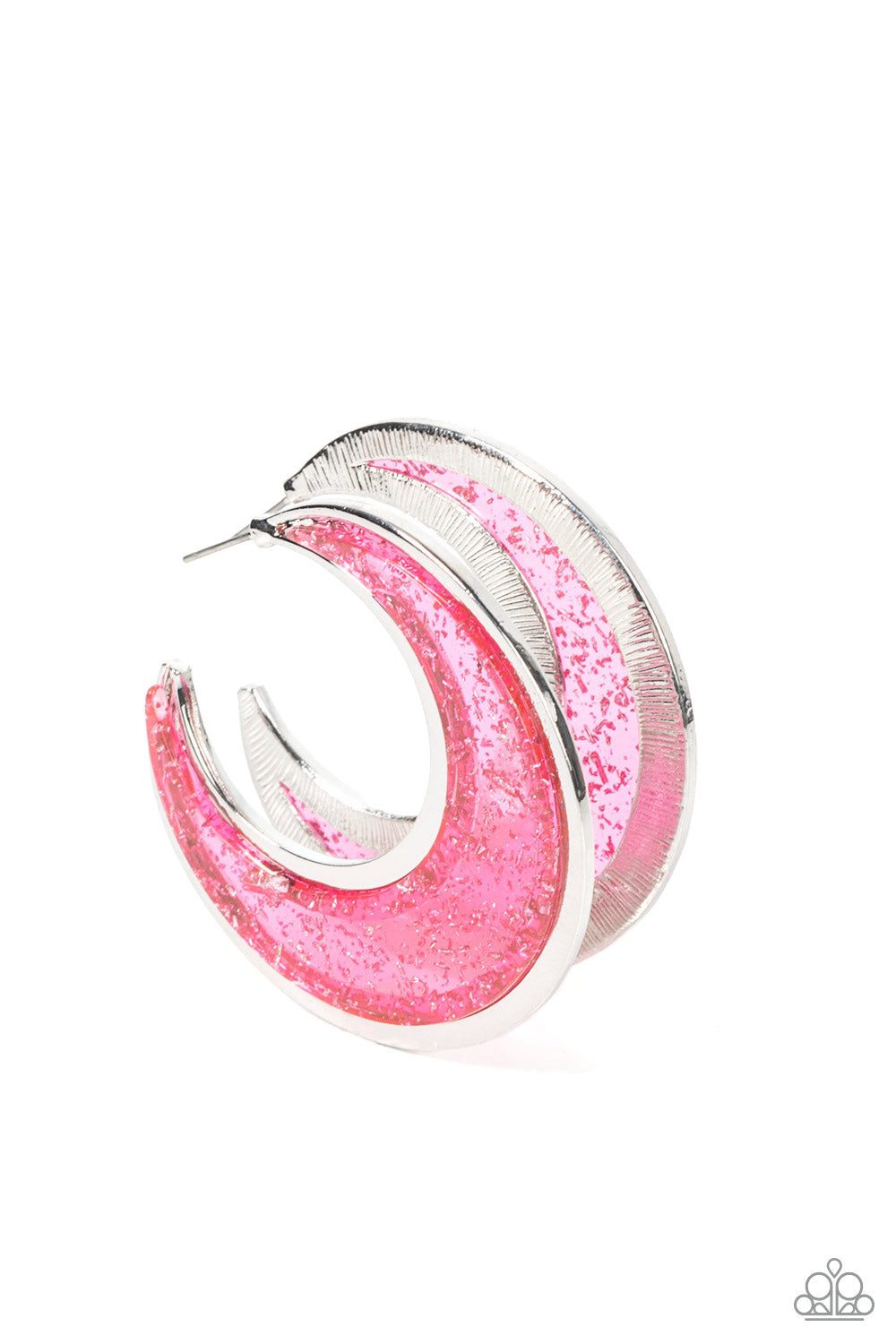 Charismatically Curvy Pink Hoop Earring - Paparazzi Accessories  Flecked in silver shavings, a glistening pink acrylic half moon frame is bordered with flat shiny bars that coalesce into a curvaceous hoop. Earring attaches to a standard post fitting. Hoop measures approximately 2" in diameter.  Sold as one pair of hoop earrings.