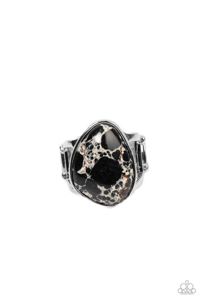 Earth Hearth Black Ring - Paparazzi Accessories  Featuring a faux marble finish, an asymmetrical black stone is encased in a sleek silver frame atop layered silver bands for an earthy inspiration. Features a stretchy band for a flexible fit.  Sold as one individual ring.