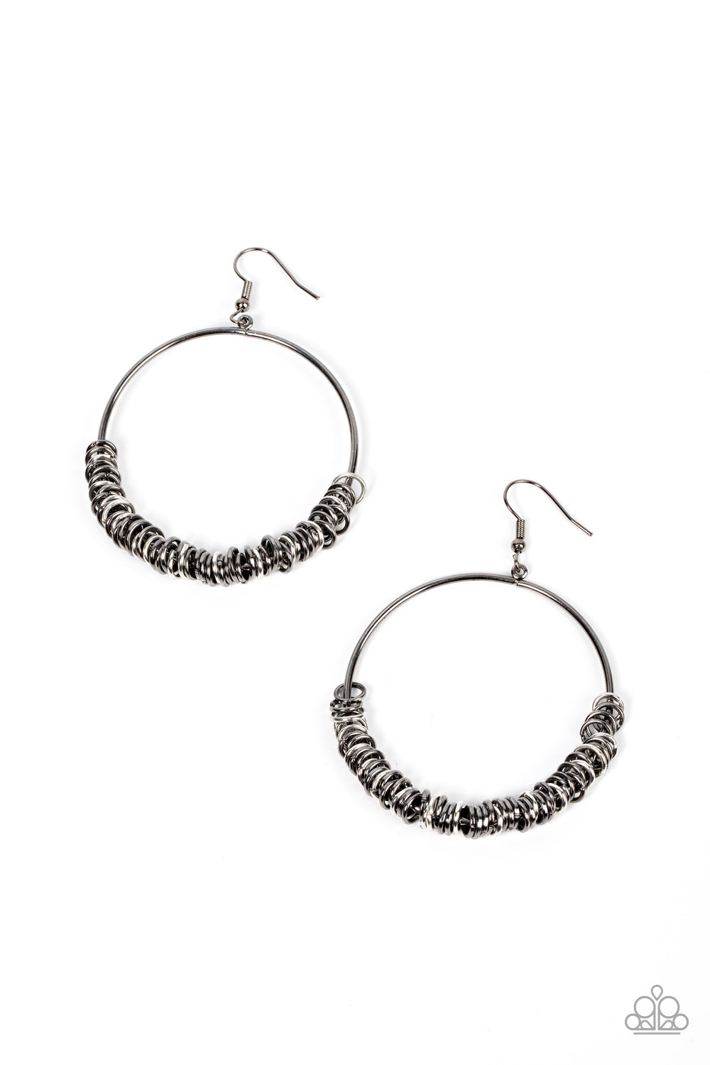 Retro Ringleader - Multi Item #P5IN-MTXX-031XX An abundance of miniature gunmetal and silver rings slide around a simple gunmetal front-facing hoop, resulting in a polished industrial vibe. Earring attaches to a standard fishhook fitting.  Sold as one pair of earrings.