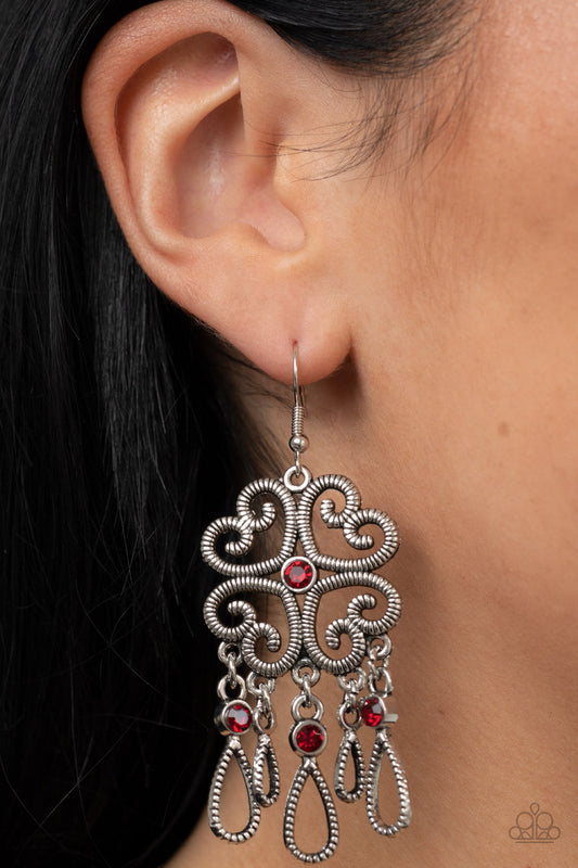 Majestic Makeover - Red Item #P5RE-RDXX-172XX Etched in linear texture, four whimsical hearts coalesce into an airy frame. A dainty red rhinestone dots the center while a flirty fringe of teardrop frames adorned with fiery red rhinestones sways below for an eye-catching finish. Earring attaches to a standard fishhook fitting.  Sold as one pair of earrings.