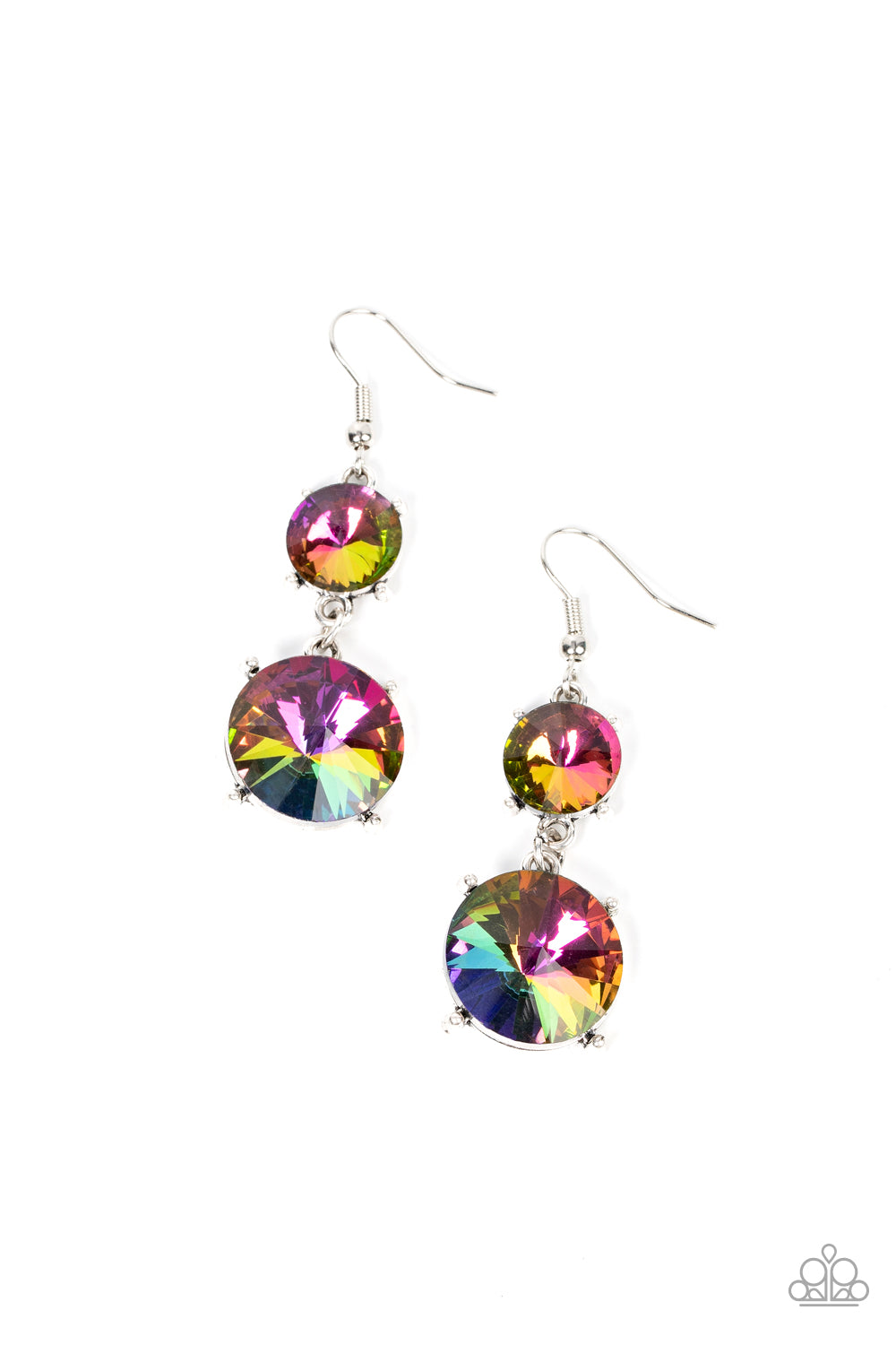 Sizzling Showcase Multi Earring - Paparazzi Accessories  Featuring pronged silver fittings, two oversized oil spill rhinestones dramatically link into a bold smoldering lure as they drip dazzlingly from the ear. Earring attaches to a standard fishhook fitting.  Sold as one pair of earrings.