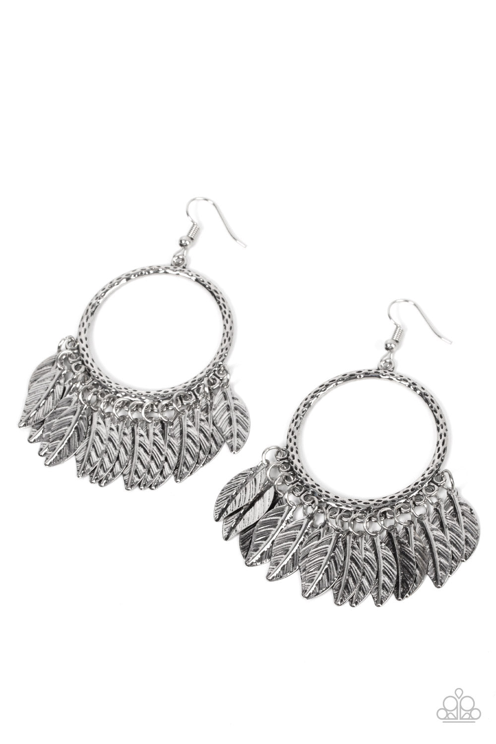 FOWL Tempered Silver Feather Earring - Paparazzi Accessories  Embossed silver feathers dance from the bottom of a hammered silver hoop, resulting into a free-spirited fringe. Earring attaches to a standard fishhook fitting.  Sold as one pair of earrings.