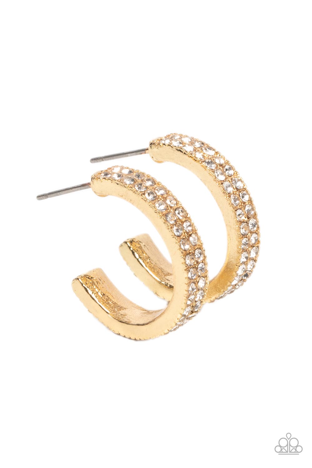 Small Town Twinkle Gold Hoop Earring - Paparazzi Accessories  Two rows of glassy white rhinestones encrust the front of a dainty gold hoop, resulting in a timeless twinkle. Earring attaches to a standard post fitting. Hoop measures approximately 3/4" in diameter.  Sold as one pair of hoop earrings.