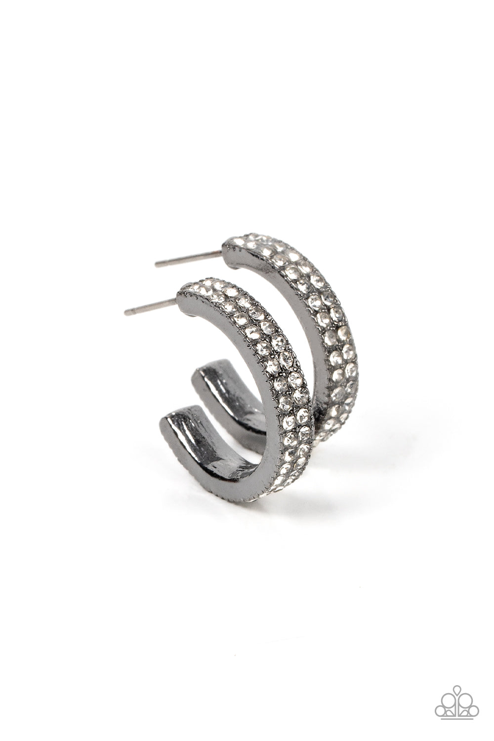Small Town Twinkle Black Hoop Earring - Paparazzi Accessories  Two rows of glassy white rhinestones encrust the front of a dainty gunmetal hoop, resulting in a timeless twinkle. Earring attaches to a standard post fitting. Hoop measures approximately 3/4" in diameter.  Sold as one pair of hoop earrings.