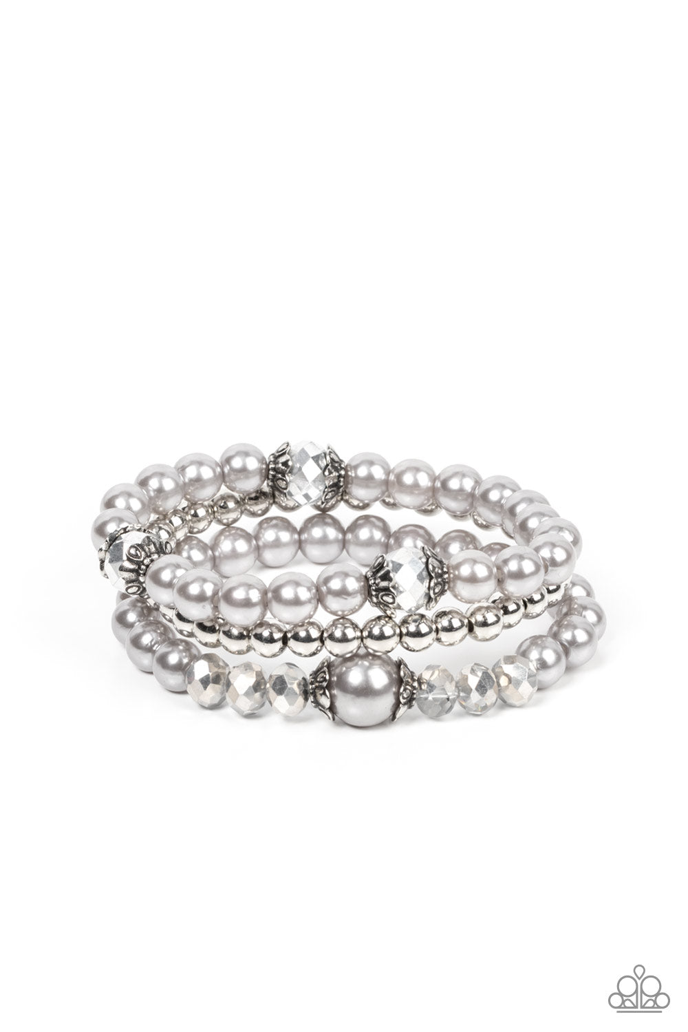 Positively Polished Silver Bracelet - Paparazzi Accessories  Stretchy silver pearl and silver beaded bracelets are adorned with ornate silver accents and glassy hematite flecked crystal-like beads, creating polished layers around the wrist.  Sold as one set of three bracelets.