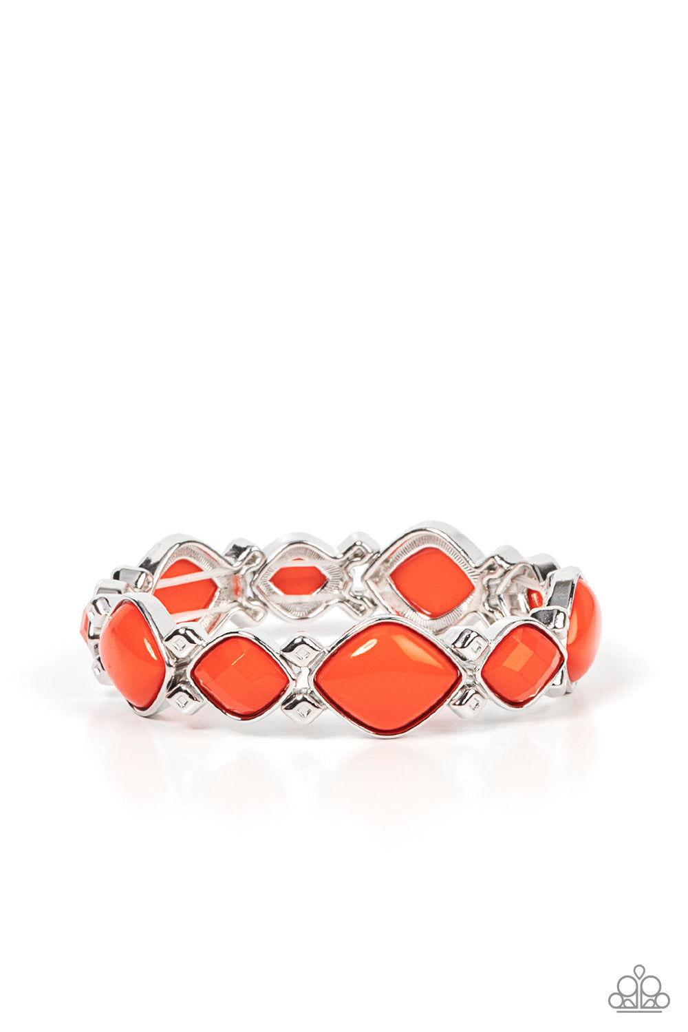Boldly BEAD-azzled Orange Bracelet - Paparazzi Accessories  Attached to silver diamond shaped beads, bubbly burnt orange diamond shaped beaded frames are threaded along stretchy bands around the wrist for a zesty pop of color.  Sold as one individual bracelet.