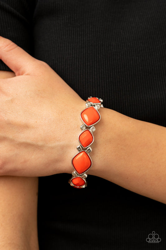 Boldly BEAD-azzled Orange Bracelet - Paparazzi Accessories  Attached to silver diamond shaped beads, bubbly burnt orange diamond shaped beaded frames are threaded along stretchy bands around the wrist for a zesty pop of color.  Sold as one individual bracelet.