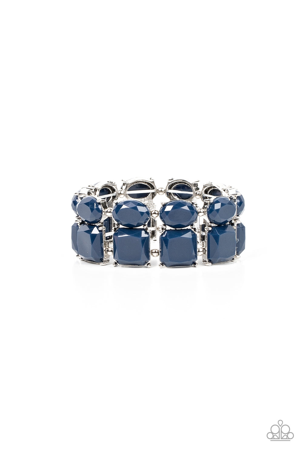Dont Forget Your Toga - Blue Item #P9ST-BLXX-022XX Separated by pairs of dainty silver beads, faceted stacks of oval and square cut blue beads are threaded along a stretchy band around the wrist for a refreshing pop of color.  Sold as one individual bracelet.