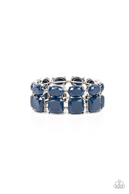 Dont Forget Your Toga - Blue Item #P9ST-BLXX-022XX Separated by pairs of dainty silver beads, faceted stacks of oval and square cut blue beads are threaded along a stretchy band around the wrist for a refreshing pop of color.  Sold as one individual bracelet.