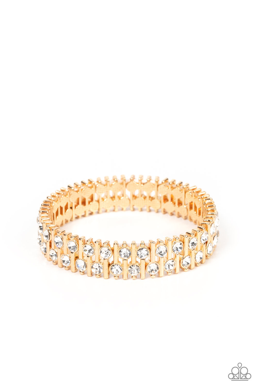 Generational Glimmer Gold Bracelet - Paparazzi Accessories  Attached to gold bars, a staggered display of solitaire white rhinestones alternates along a stretchy band around the wrist for an unexpected pop of shimmer around the wrist.  Sold as one individual bracelet.