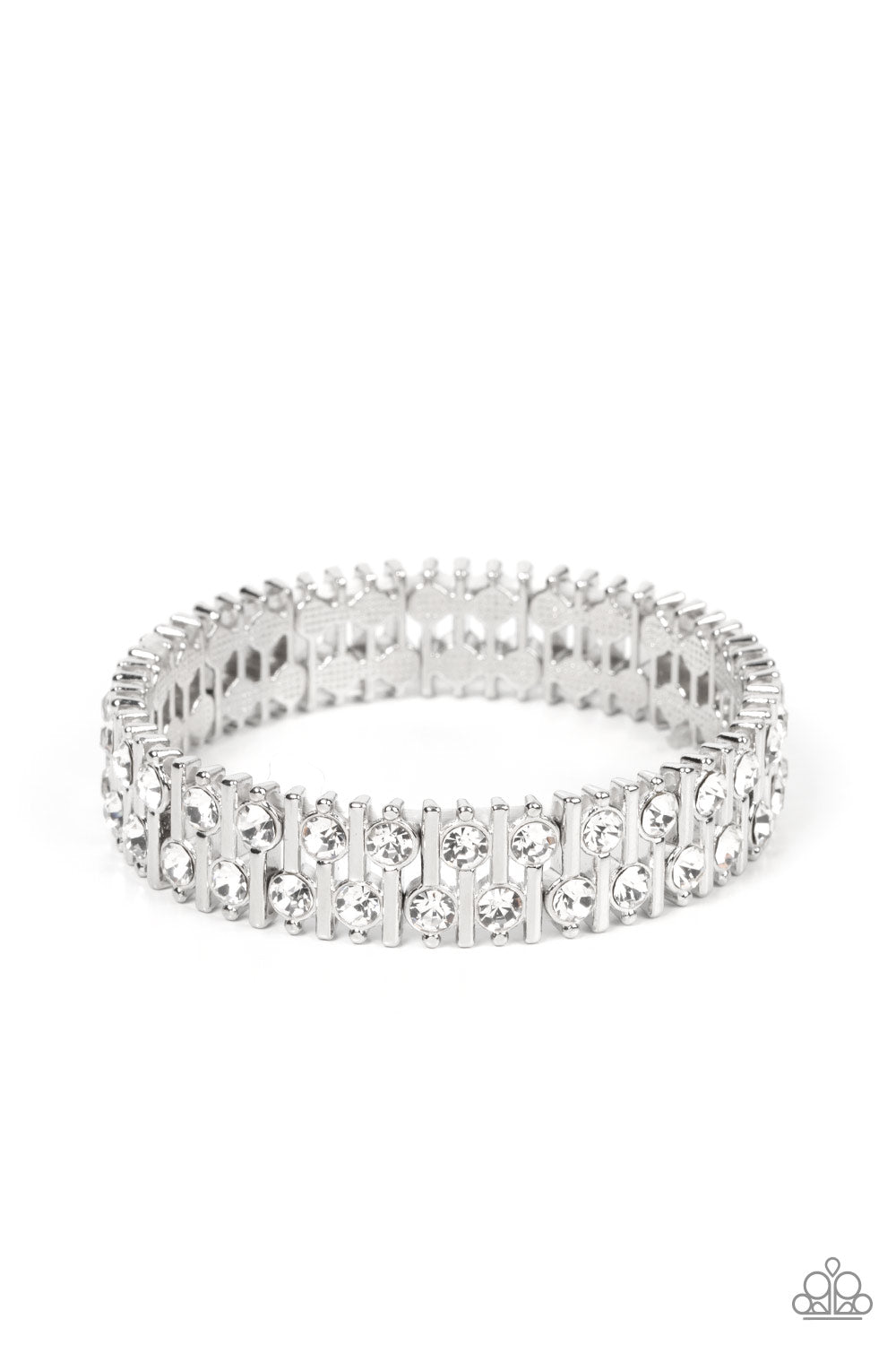 Generational Glimmer White Bracelet - Paparazzi Accessories  Attached to silver bars, a staggered display of solitaire white rhinestones alternates along a stretchy band around the wrist for an unexpected pop of shimmer around the wrist.  Sold as one individual bracelet.
