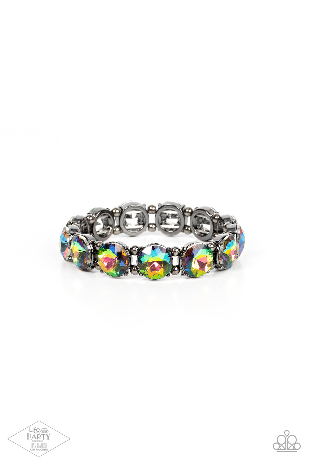 Glitzy Glamorous Multi Bracelet - Paparazzi Accessories  A row of exaggerated oil spill rhinestones is threaded along stretchy bands and wraps boldly around the wrist. Dainty gunmetal beads separate each rhinestone, adding a metallic grit to the piece.  Sold as one individual bracelet. This Fan Favorite is back in the spotlight at the request of our 2021 Life of the Party member with Pink Diamond Access, Taylerlee and Vicki B.