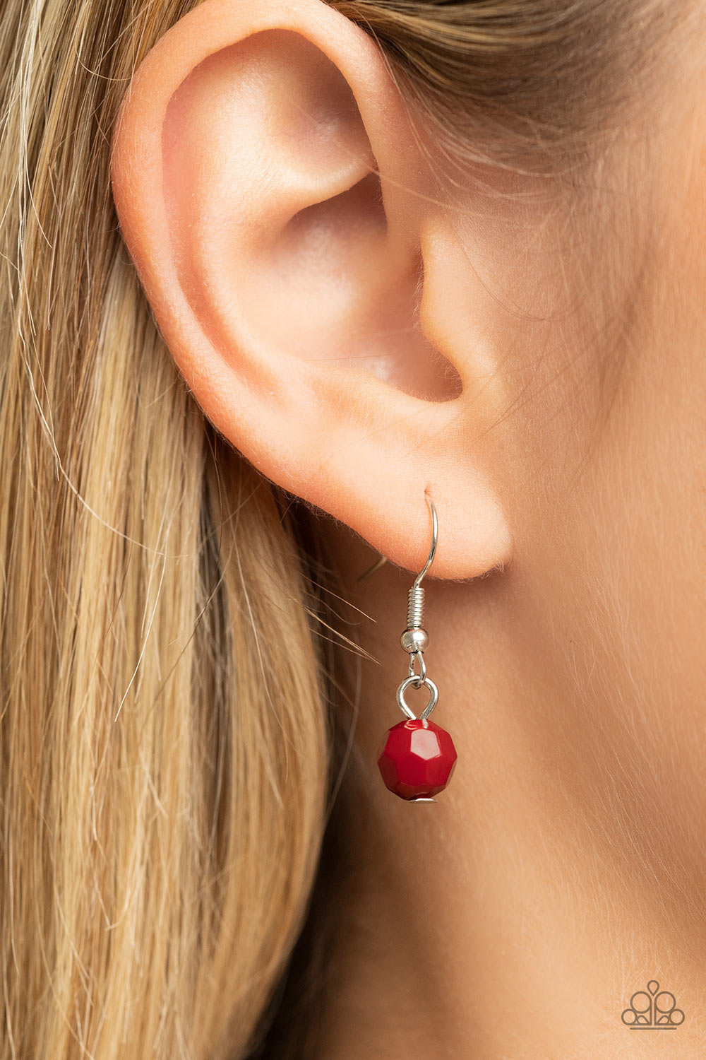 Valley Girl Glamour Red Necklace - Paparazzi Accessories  Encased in a sleek silver fitting, an oversized faceted wine teardrop bead swings from the bottom of a round wine bead and hammered silver hoop, culminating into a bold pop of color below the collar. Features an adjustable clasp closure.  Sold as one individual necklace. Includes one pair of matching earrings.