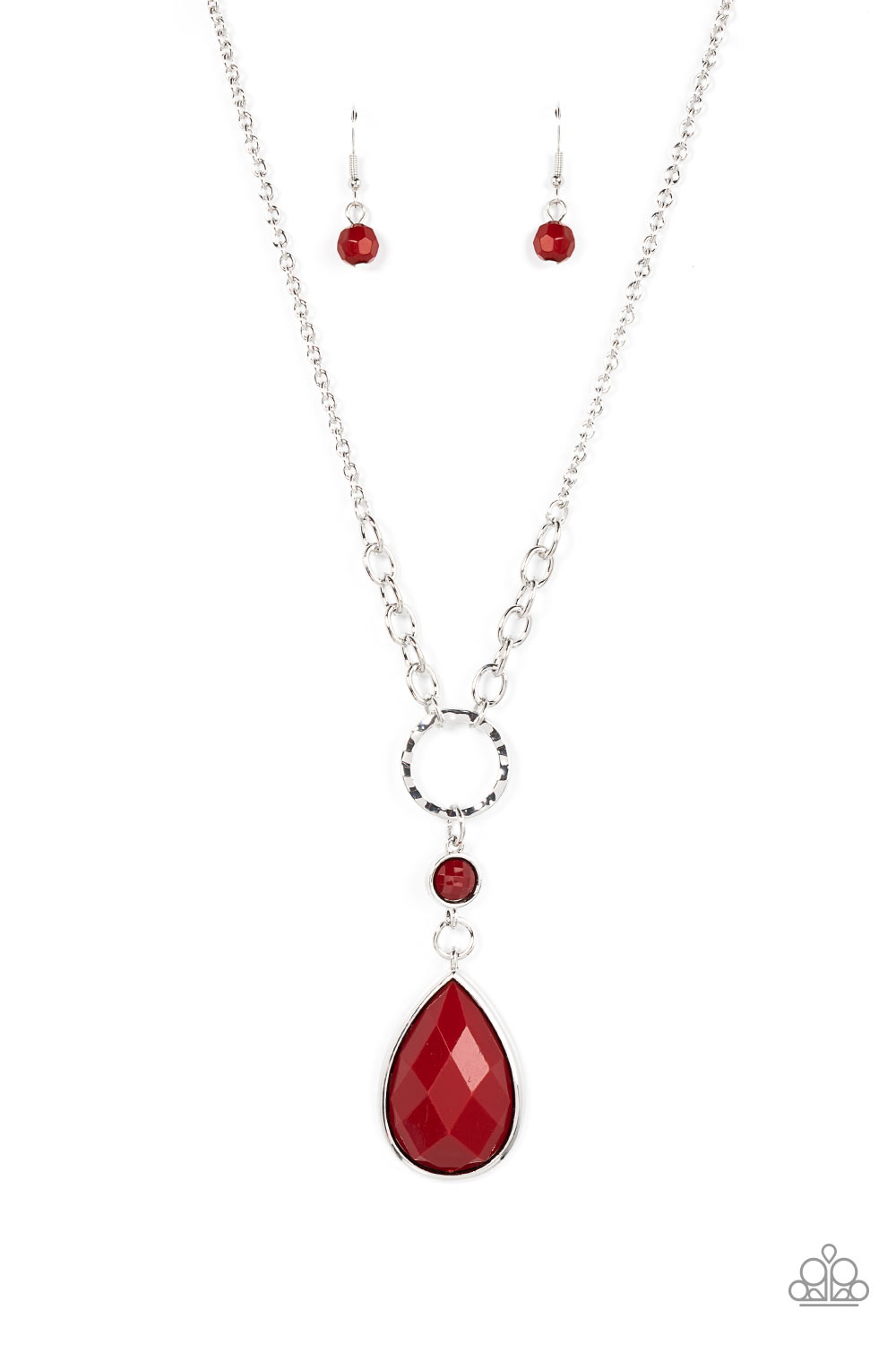 Valley Girl Glamour Red Necklace - Paparazzi Accessories  Encased in a sleek silver fitting, an oversized faceted wine teardrop bead swings from the bottom of a round wine bead and hammered silver hoop, culminating into a bold pop of color below the collar. Features an adjustable clasp closure.  Sold as one individual necklace. Includes one pair of matching earrings.