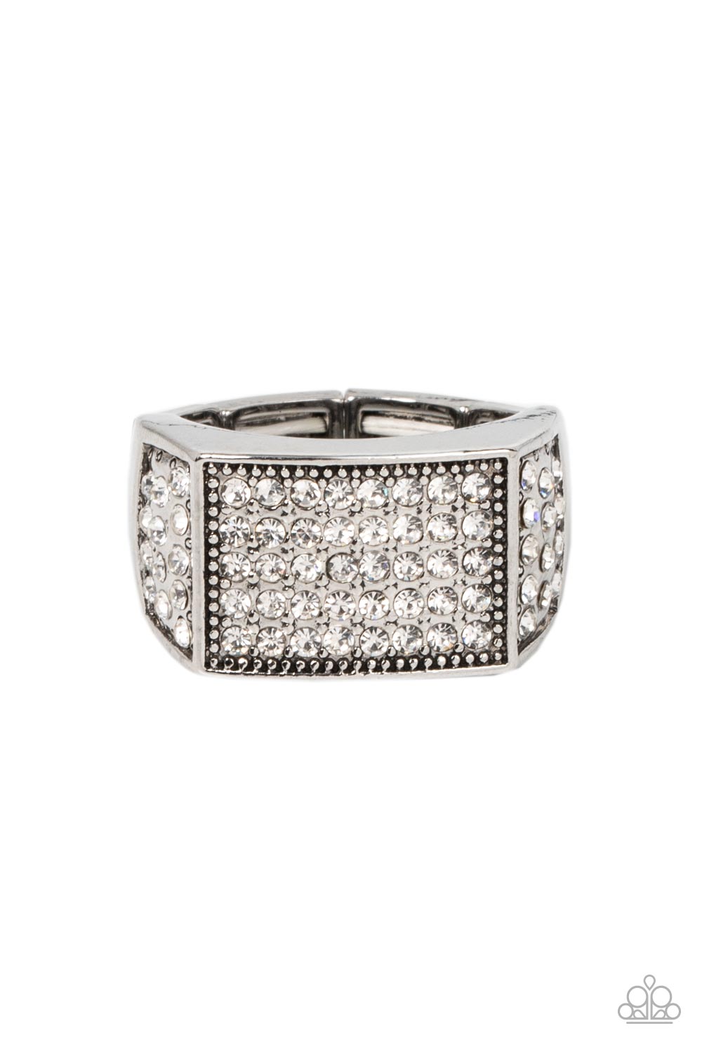 Metro Merger White Ring - Paparazzi Accessories  The front of a rectangular silver frame is encrusted in sections of white rhinestones, resulting in a smoldering centerpiece atop the finger. Features a stretchy band for a flexible fit.  Sold as one individual ring.