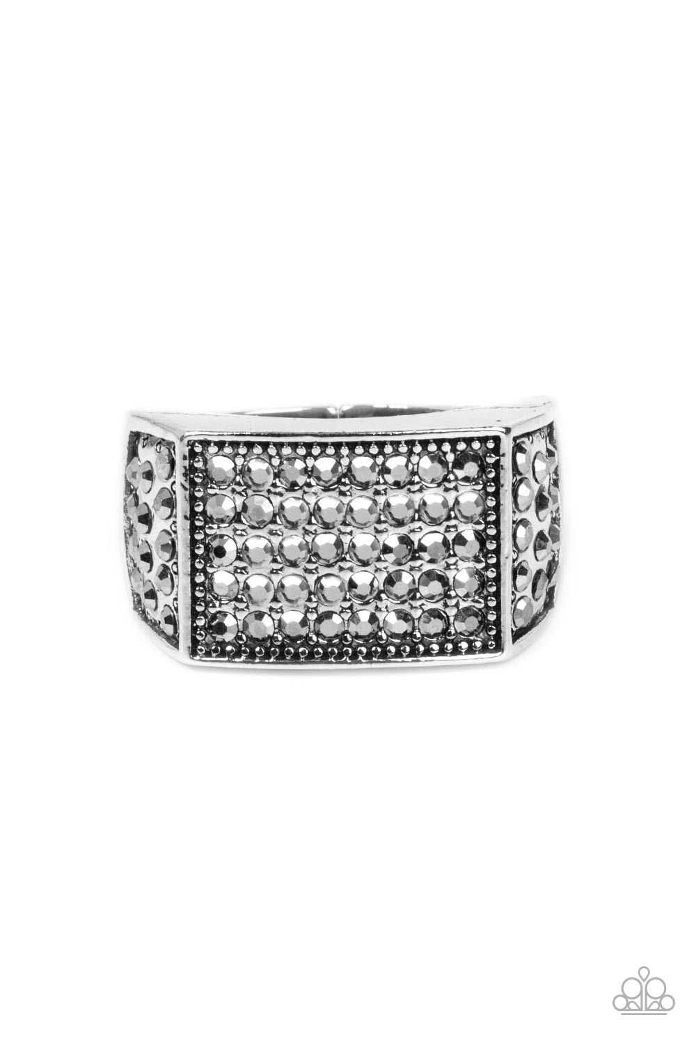 The front of a rectangular silver frame is encrusted in sections of hematite rhinestones, resulting in a smoldering centerpiece atop the finger. Features a stretchy band for a flexible fit.  Sold as one individual ring.