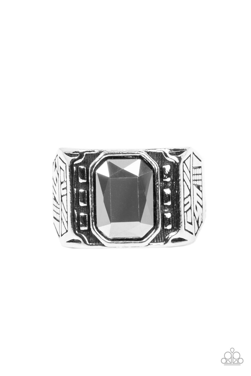 Metro Magnate Silver Urban Ring - Paparazzi Accessories  A majestic emerald cut hematite rhinestone is pressed into the center of a rectangular studded silver frame flanked by geometric texture, creating an edgy centerpiece atop the finger. Features a stretchy band for a flexible fit.  Sold as one individual ring.
