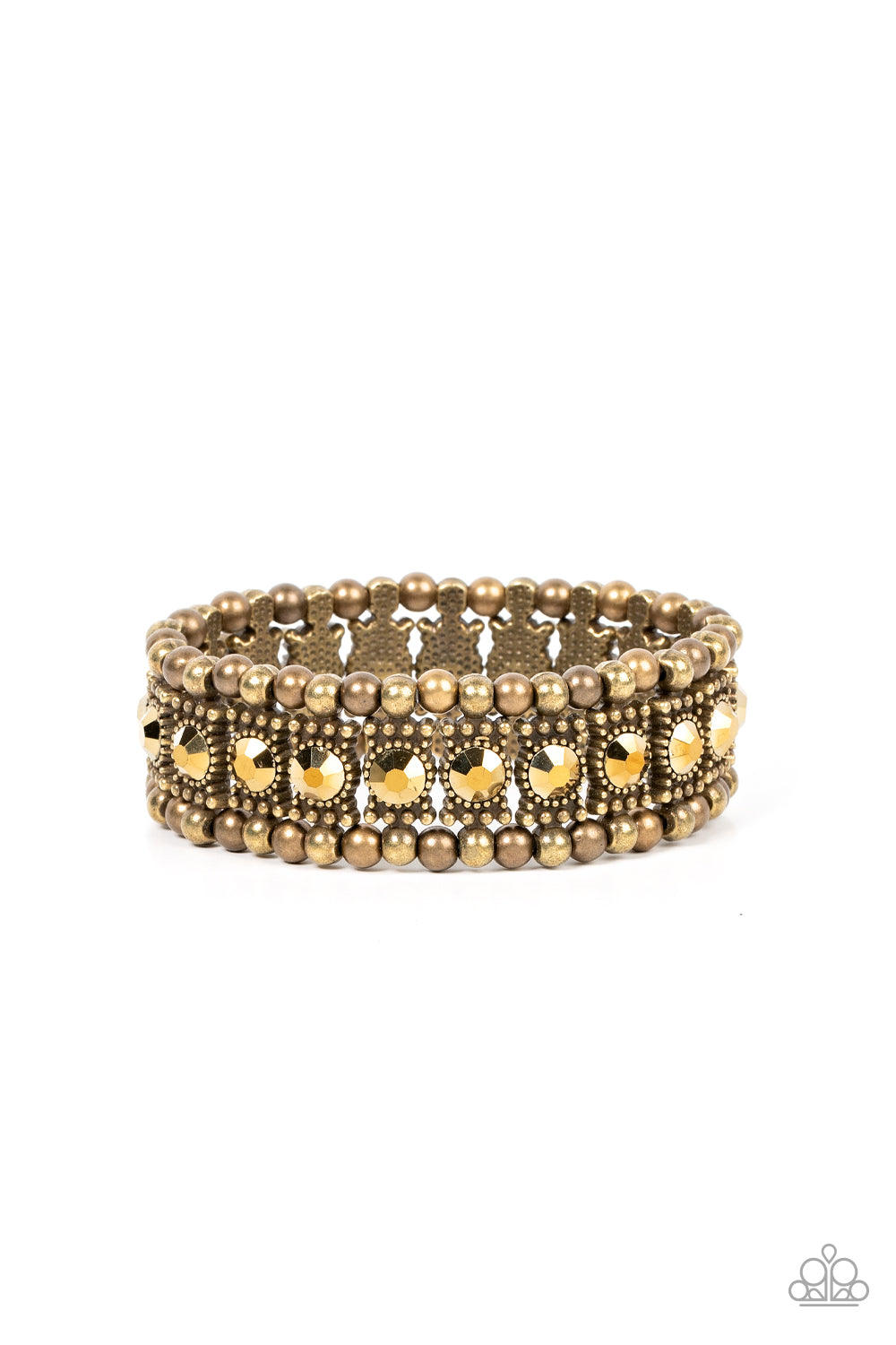 Ritzy Reboot Brass Bracelet - Paparazzi Accessories  A dazzling row of gritty aurum rhinestones set in dotted frames is bordered by a row of dainty antiqued brass studs. Rustic brass beads form the outermost border of this luxuriously layered design, which is threaded along stretchy bands for an upscale edgy look.  Sold as one individual bracelet.