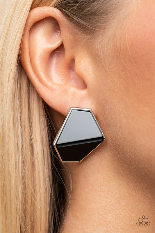 Generically Geometric Black Post Earring - Paparazzi Accessories  Featuring a matte finish, gray and black trapezoidal frames are encased in a glistening silver frame that gently folds backwards for added dimension. Earring attaches to a standard post fitting.  Sold as one pair of post earrings.