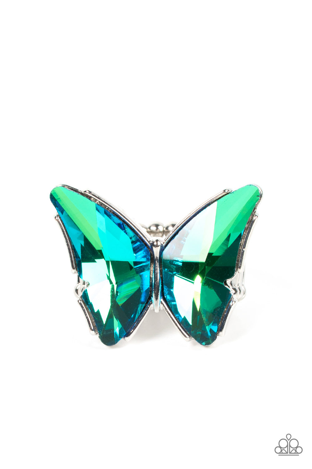Fluorescent Flutter Green Butterfly Ring - Paparazzi Accessories  Featuring a stellar blue UV finish, a pair of glittery green gems adorns the wings of a silver butterfly atop the finger for an eye-catching finish. Features a stretchy band for a flexible fit.  Sold as one individual ring.