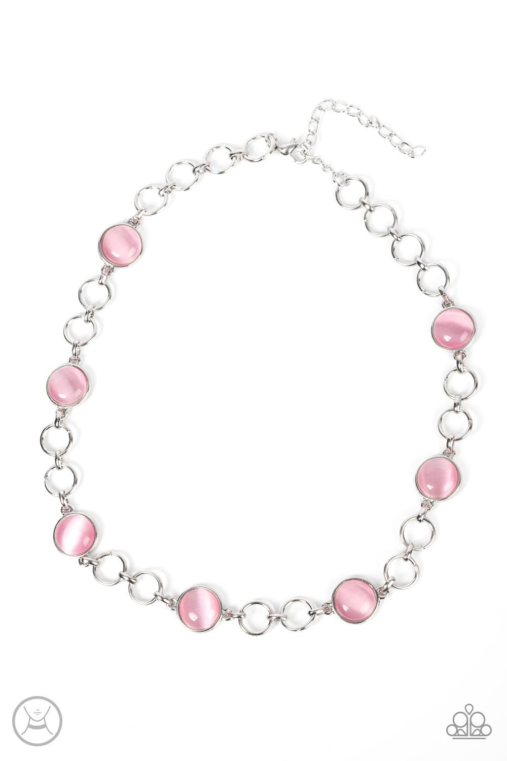 Dreamy Distractions Pink Choker Necklace - Paparazzi Accessories  Pairs of silver hoops and Pale Rosette cat's eye dotted silver frames delicately link around the neck, creating a dreamy glow. Features an adjustable clasp closure.  Sold as one individual choker necklace. Includes one pair of matching earrings.