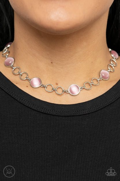 Dreamy Distractions Pink Choker Necklace - Paparazzi Accessories  Pairs of silver hoops and Pale Rosette cat's eye dotted silver frames delicately link around the neck, creating a dreamy glow. Features an adjustable clasp closure.  Sold as one individual choker necklace. Includes one pair of matching earrings.