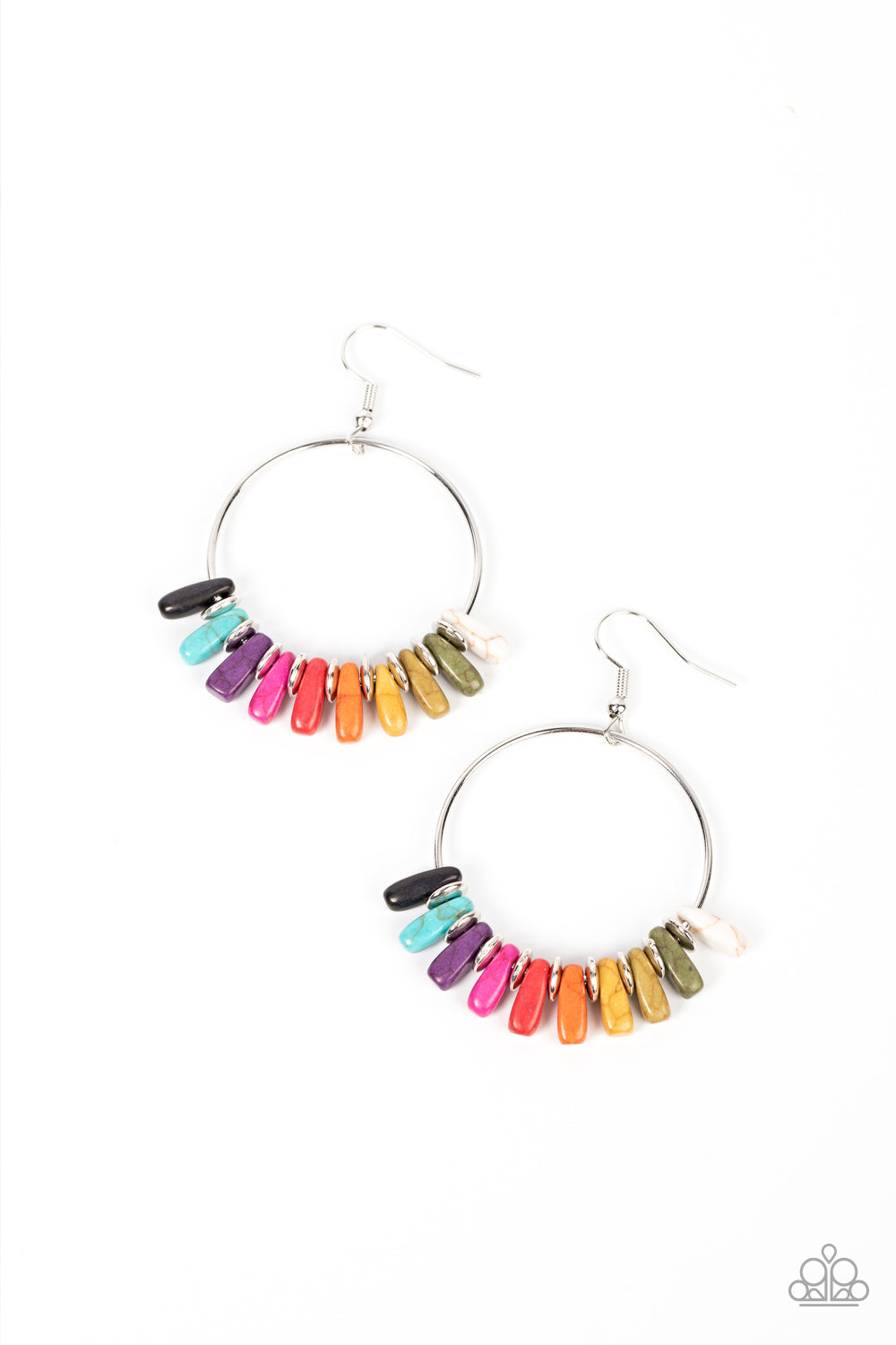 Earthy Ensemble Multi Earring - Paparazzi Accessories  A rainbow of multicolored stones are separated by dainty silver discs along a silver hoop, resulting in a colorful and earthy fringe. Earring attaches to a standard fishhook fitting.  Sold as one pair of earrings.