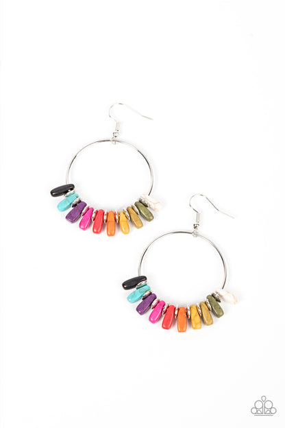 Earthy Ensemble Multi Earring - Paparazzi Accessories  A rainbow of multicolored stones are separated by dainty silver discs along a silver hoop, resulting in a colorful and earthy fringe. Earring attaches to a standard fishhook fitting.  Sold as one pair of earrings.