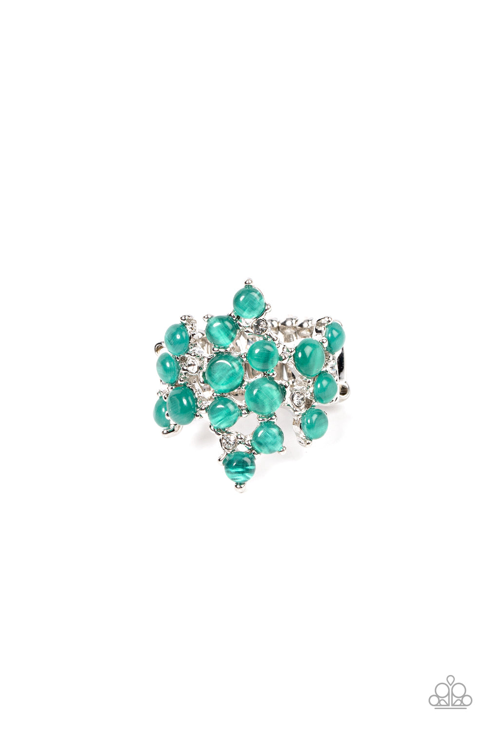 Seeing Eye to Cats Eye Green Ring - Paparazzi Accessories  Featuring pronged silver fittings, a dreamy collection of dainty white rhinestones and bubbly green cat's eye stones scatter across the finger for an enchanting fashion. Features a stretchy band for a flexible fit.  Sold as one individual ring.