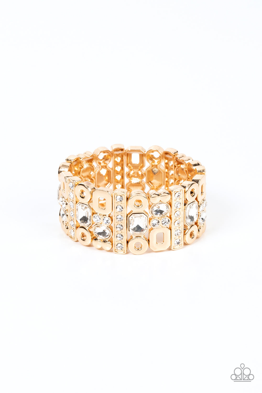 Dynamically Diverse Gold Bracelet - Paparazzi Accessories  Infused with flat gold studs and geometric gold accents, a mismatched assortment of oval, round, and emerald style white rhinestones coalesce into edgy frames along a stretchy band for an intense sparkle around the wrist.  Sold as one individual bracelet.