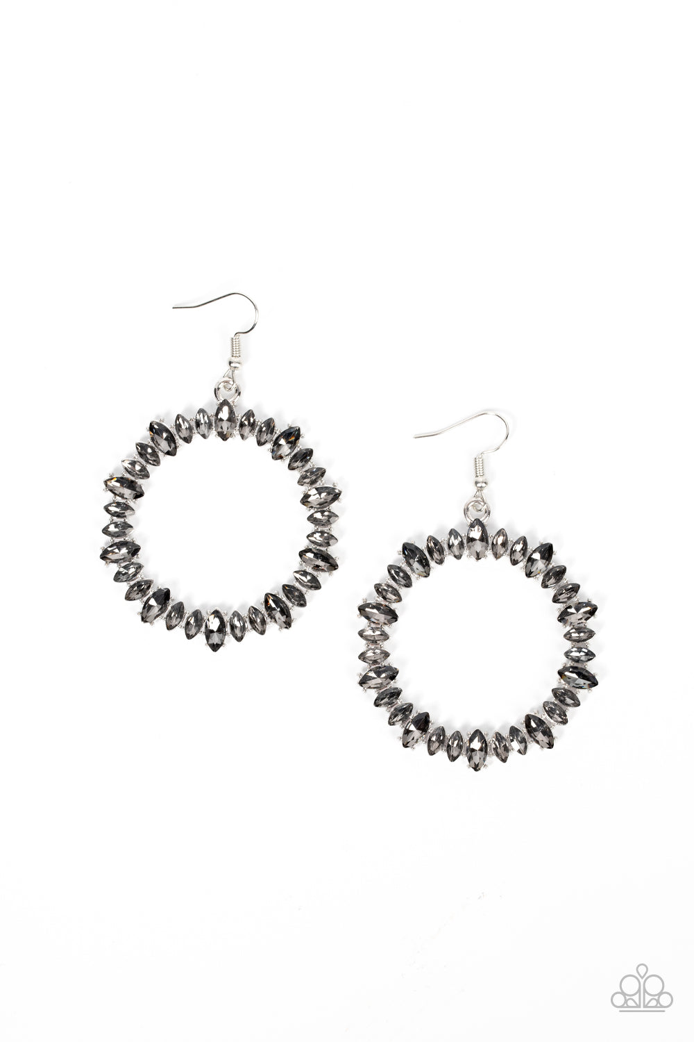 Glowing Reviews Silver Earring - Paparazzi Accessories  Encased in pronged silver fittings, a smoky collection of marquise cut rhinestones delicately coalesce into a brilliant hoop for a show-stopping finish. Earring attaches to a standard fishhook fitting.  Sold as one pair of earrings.