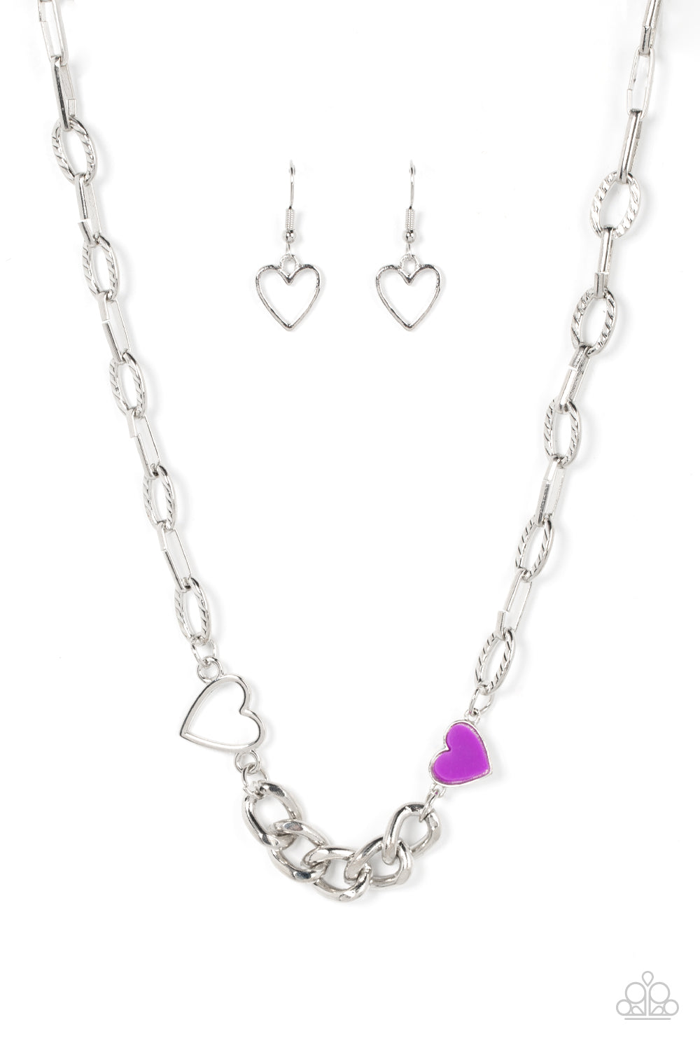 Little Charmer Purple Necklace - Paparazzi Accessories  A pair of shiny silver and purple hearts asymmetrically adorn sections of mismatched silver chain, resulting in a flirtatious pop of color below the collar. Features an adjustable clasp closure.  Sold as one individual necklace. Includes one pair of matching earrings.