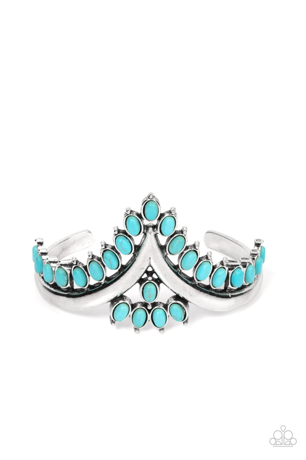 Teton Tiara Blue Cuff Bracelet - Paparazzi Accessories  Turquoise oval stones, encased in studded silver frames, line the edge of a daring V-shaped silver cuff. A gathering of turquoise stones adorns the center of the bracelet, adding a finishing touch to the rustically regal cuff.  Sold as one individual bracelet.