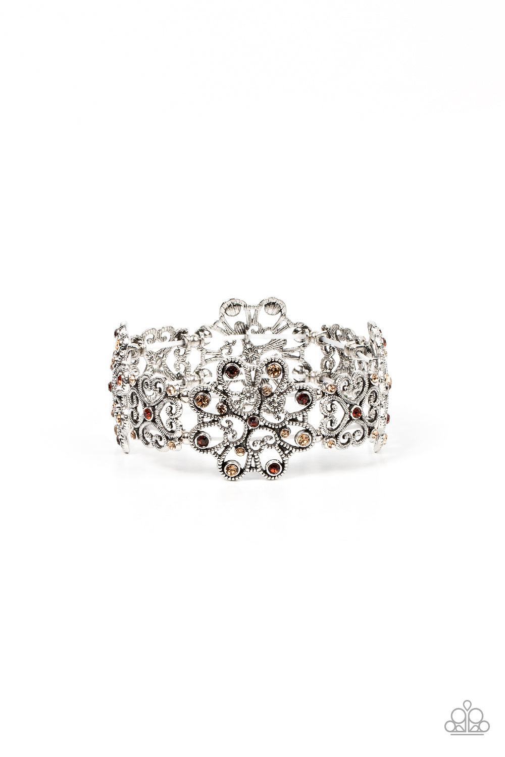 Regal Recognition Brown Bracelet - Paparazzi Accessories  Dainty topaz and golden topaz rhinestones scatter across the fronts of airy medallions fashioned from whimsical heart-shaped filigree. The splendid frames alternate along stretchy bands resulting in a regally refined design that wraps around the wrist.  Sold as one individual bracelet.