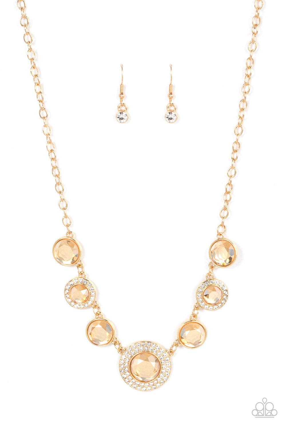 Extravagant Extravaganza - Gold Item #P2RE-GDXX-401XX Oversized golden gems alternate with matching gems bordered in rings of glassy white rhinestones below the collar, resulting in a spellbinding sparkle at the bottom of a classic gold chain. Features an adjustable clasp closure.  Sold as one individual necklace. Includes one pair of matching earrings.