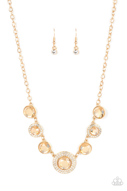 Extravagant Extravaganza - Gold Item #P2RE-GDXX-401XX Oversized golden gems alternate with matching gems bordered in rings of glassy white rhinestones below the collar, resulting in a spellbinding sparkle at the bottom of a classic gold chain. Features an adjustable clasp closure.  Sold as one individual necklace. Includes one pair of matching earrings.