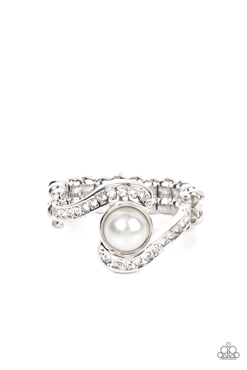 Envious Enrapture White Ring - Paparazzi Accessories   A bubbly white pearl seemingly balances between two swooping silver ribbons dotted in dainty white rhinestones, resulting in a timeless centerpiece atop the finger. Features a dainty stretchy band for a flexible fit.  Sold as one individual ring.