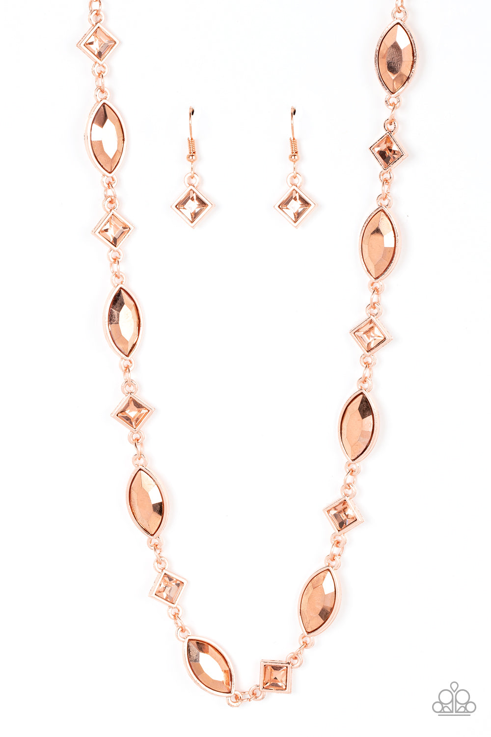 Prismatic Reinforcements Copper Necklace - Paparazzi Accessories  Encased in shiny copper fittings, a glitzy collection of coppery metallic marquise cut gems and square cut peach rhinestones delicately links below the collar for a prismatic pop of color. Features an adjustable clasp closure.  Sold as one individual necklace. Includes one pair of matching earrings.