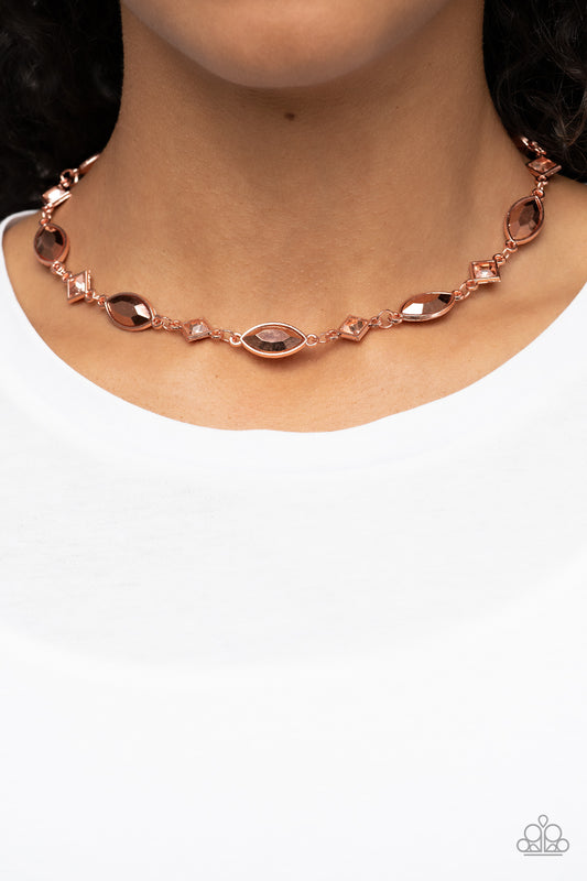 Prismatic Reinforcements Copper Necklace - Paparazzi Accessories  Encased in shiny copper fittings, a glitzy collection of coppery metallic marquise cut gems and square cut peach rhinestones delicately links below the collar for a prismatic pop of color. Features an adjustable clasp closure.  Sold as one individual necklace. Includes one pair of matching earrings.