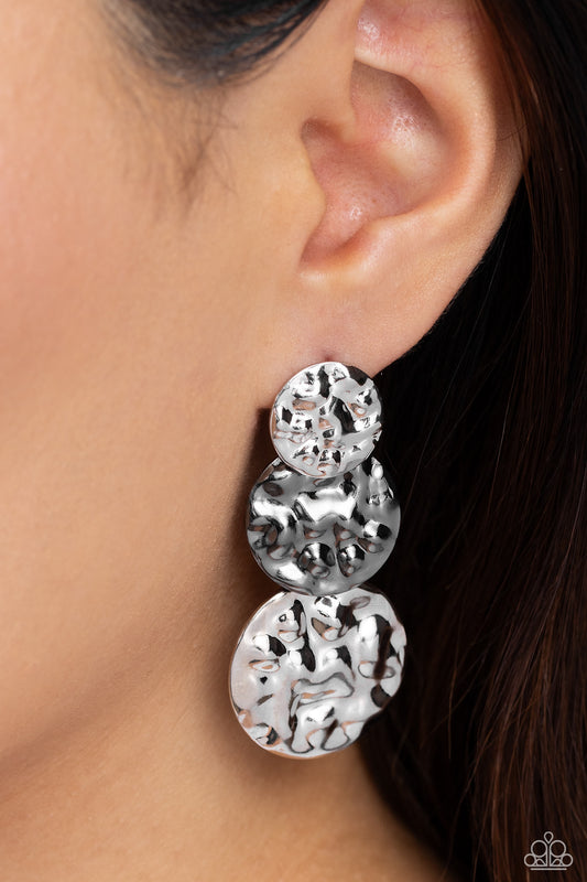 Triple Threat Texture Multi Post Earring - Paparazzi Accessories  Gradually increasing in size, heavily hammered silver and gunmetal discs delicately link and overlap into an intense industrial display. Earring attaches to a standard post fitting.  Sold as one pair of post earrings.  Sku:  P5PO-MTXX-060XX