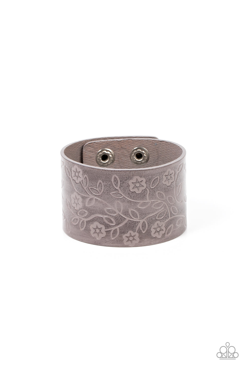 Rosy Wrap Up Silver Wrap Bracelet - Paparazzi Accessories  A flowery and leafy motif blooms across the front of a distressed gray leather band, resulting in a rustic floral centerpiece around the wrist. Features an adjustable snap closure.  Sold as one individual bracelet.